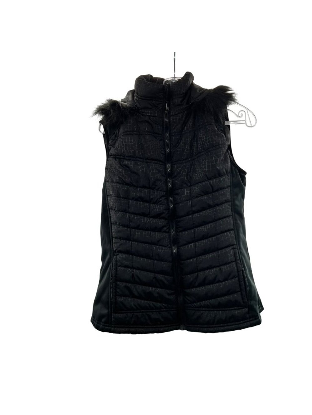 IOS Apparel Women's Quilted Vest Hooded Faux Fur Trim Black Size Large